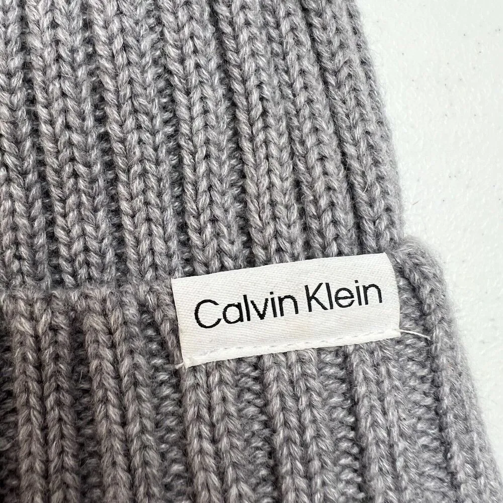 CK Calvin Klein Grey Rib Knit Winter Beanie Faux Fur Pom Pom Hat - Image 4