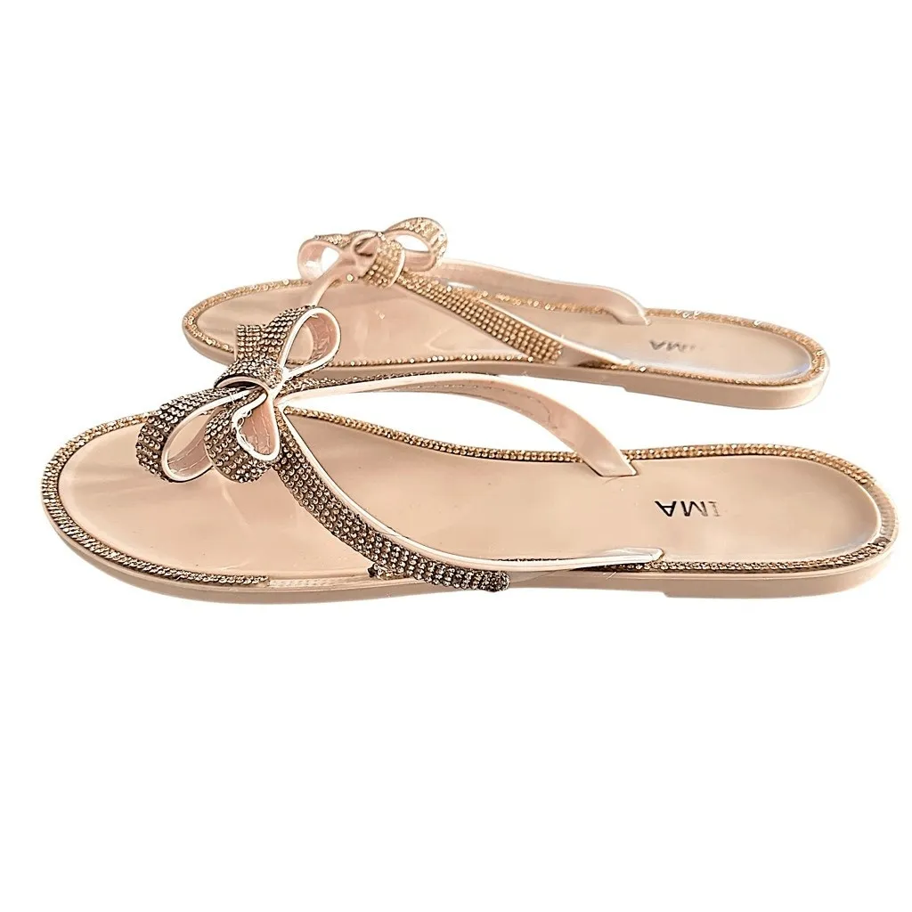 IMA Prima Lightweight Nude Rose Gold Rhinestone Bow Thong Sandals Tan Size 10 - Image 4