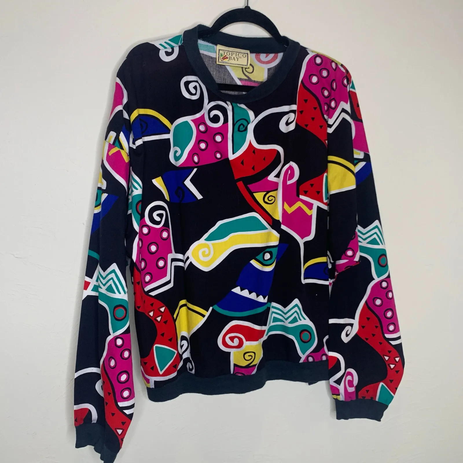 Vintage Bright 90s Pullover Cotton Sz XL Geometric Pattern Black - Image 5