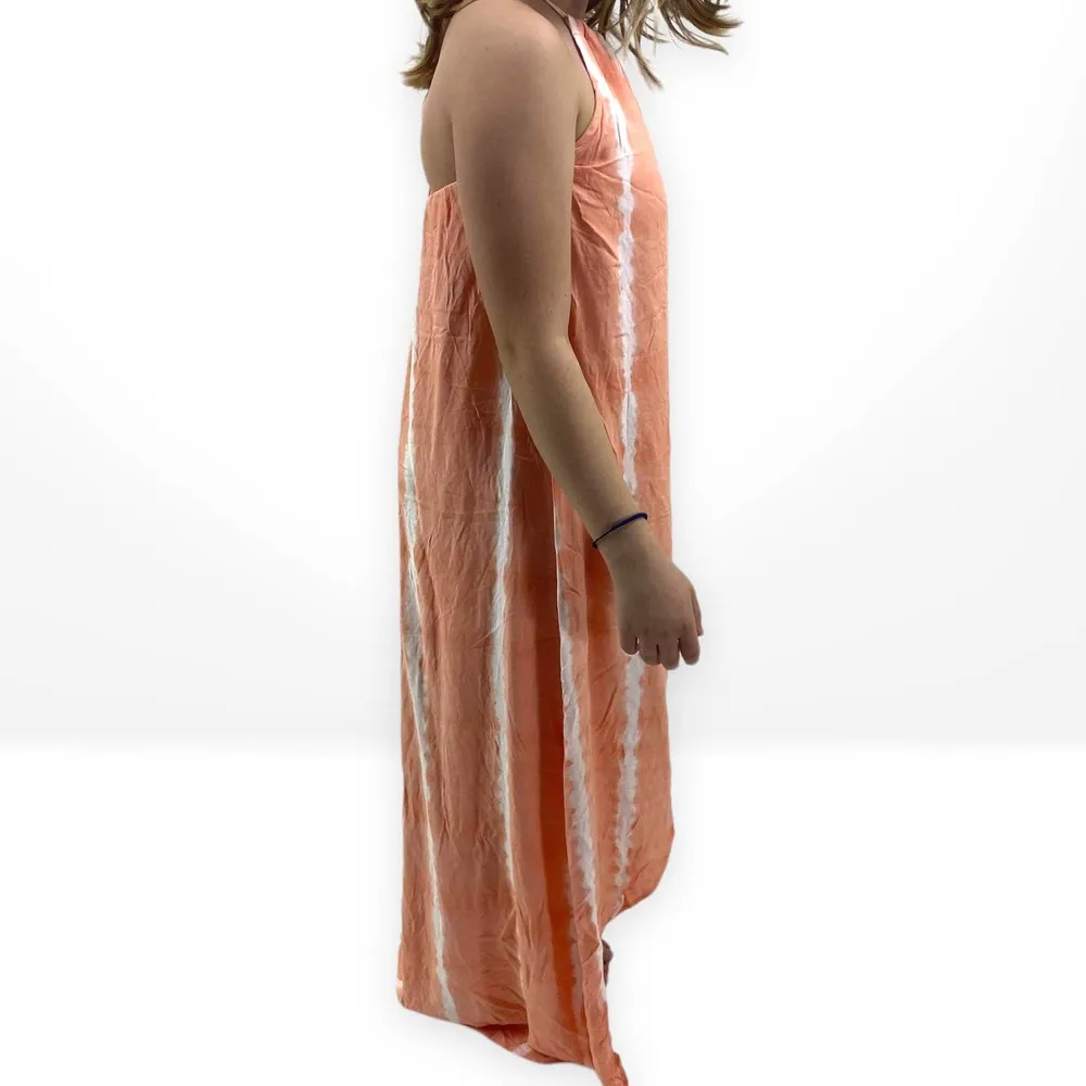 SAGE THE LABEL Orange White Tie Dye Striped Halter Hi-Low Dress - Image 3