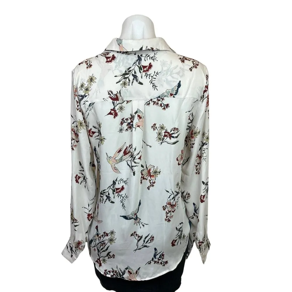 H&M Womens White Floral Bird Print  Button Up Long Sleeve Shirt Blouse Top Sz 2 - Image 2