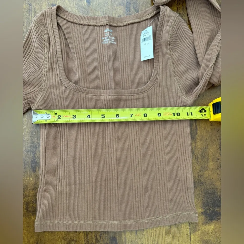 NWT Aerie Ribbed Crop Top Women's XS Neutral Taupe Long Sleeve Square Neckline - Image 5