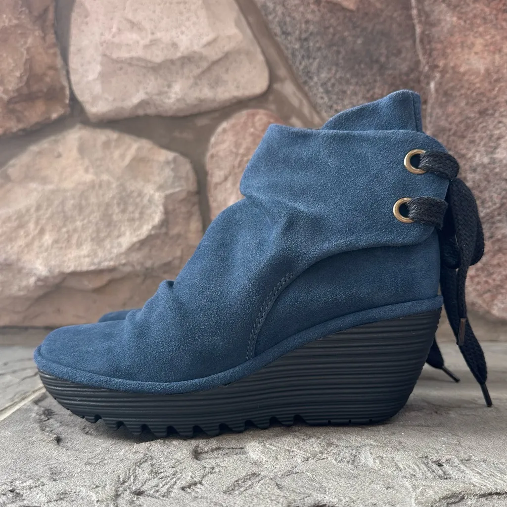 Fly London Yama Navy Blue Suede Leather Platform Wedge Booties Lace Up Back - Image 2