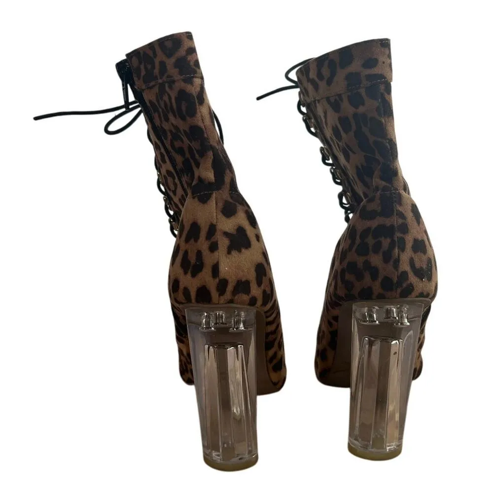 Women's Cheetah Print Lace Up Open Toe Clear 4 Inch Heel Going Out Size 6.5 Brown - Image 5