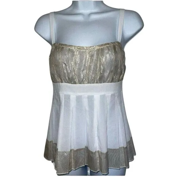 CACHE White With Gold Metallic Ruched Sheer‎ Illusion Tank Cami Top NWOT Siz - Image 2