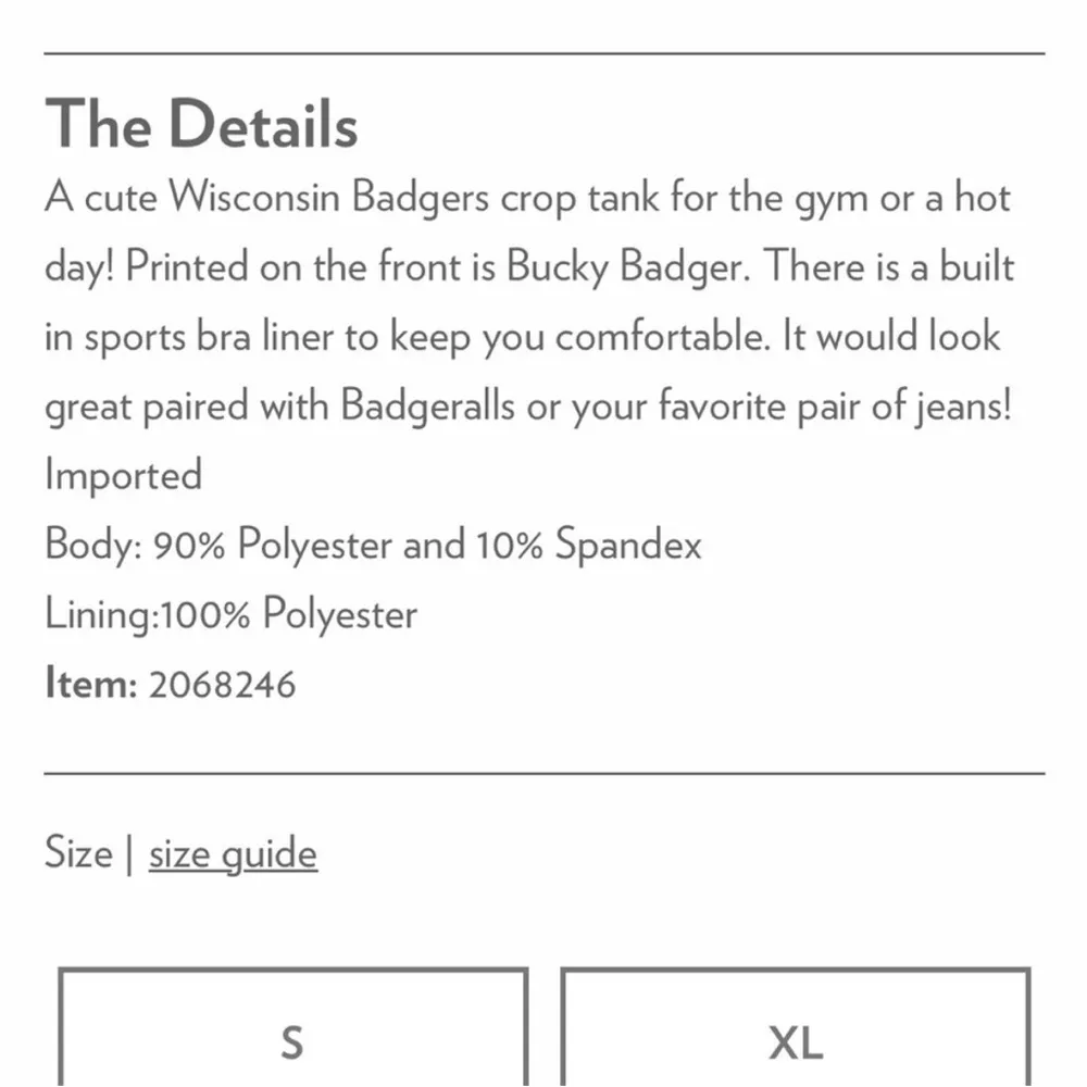 Zoozatz Bucky Badger Crop Top Tank Top with Built in Bra Size XS. White - Image 8