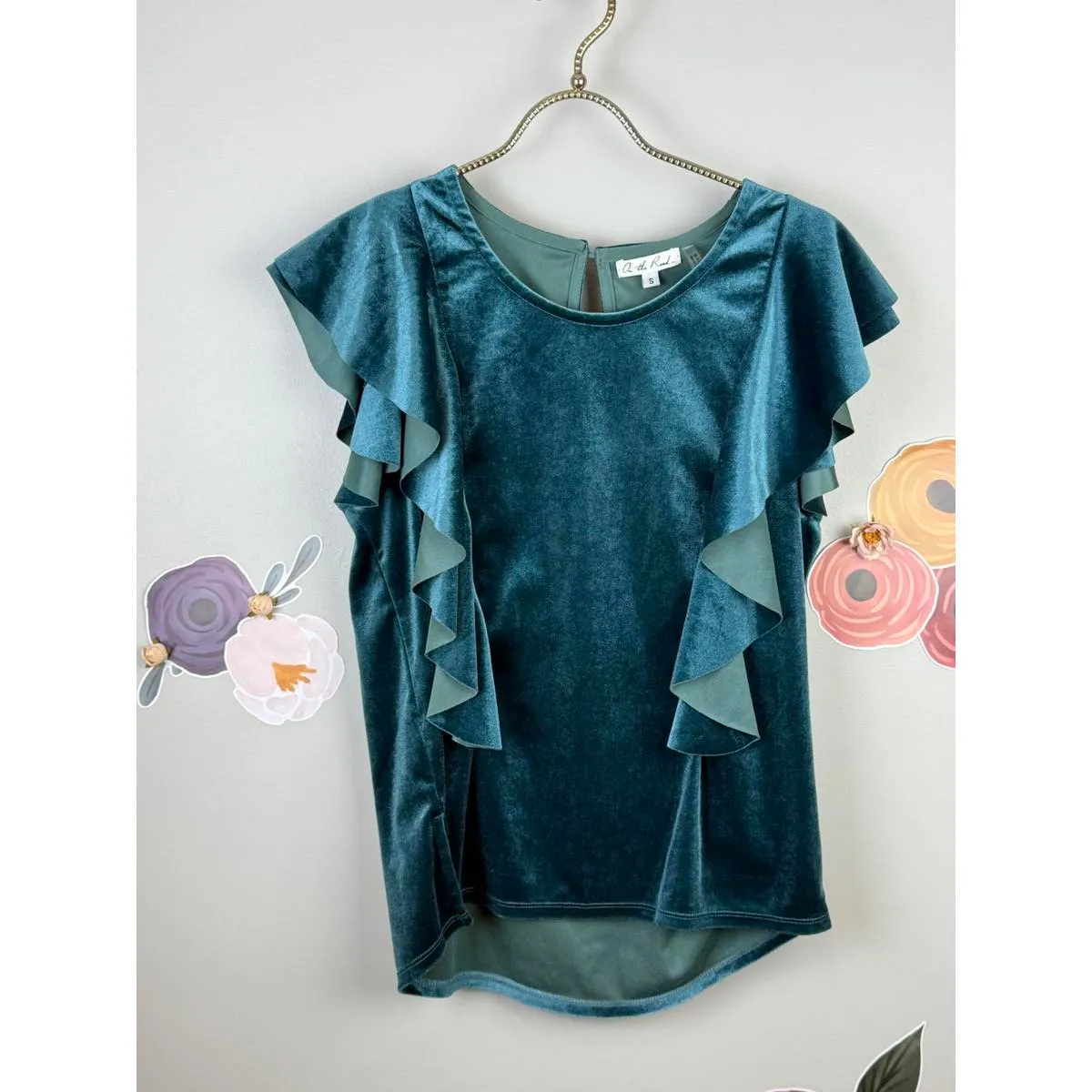 On the Road Teal Velvet Ruffle Top - Size - Small - Image 2