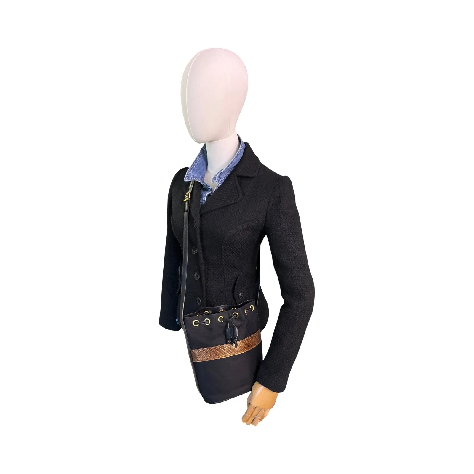 Salvatore Ferragamo Black Linen Canvas Bucket Bag With Snakeskin Embossed Trim - Image 11