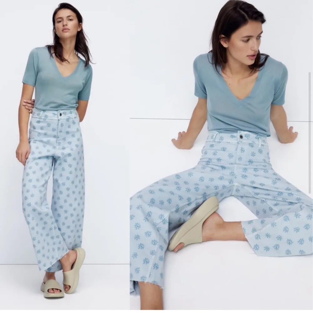 ZARA The Marine Daisy Floral Light Blue Straight Jeans sz 4 - Image 11