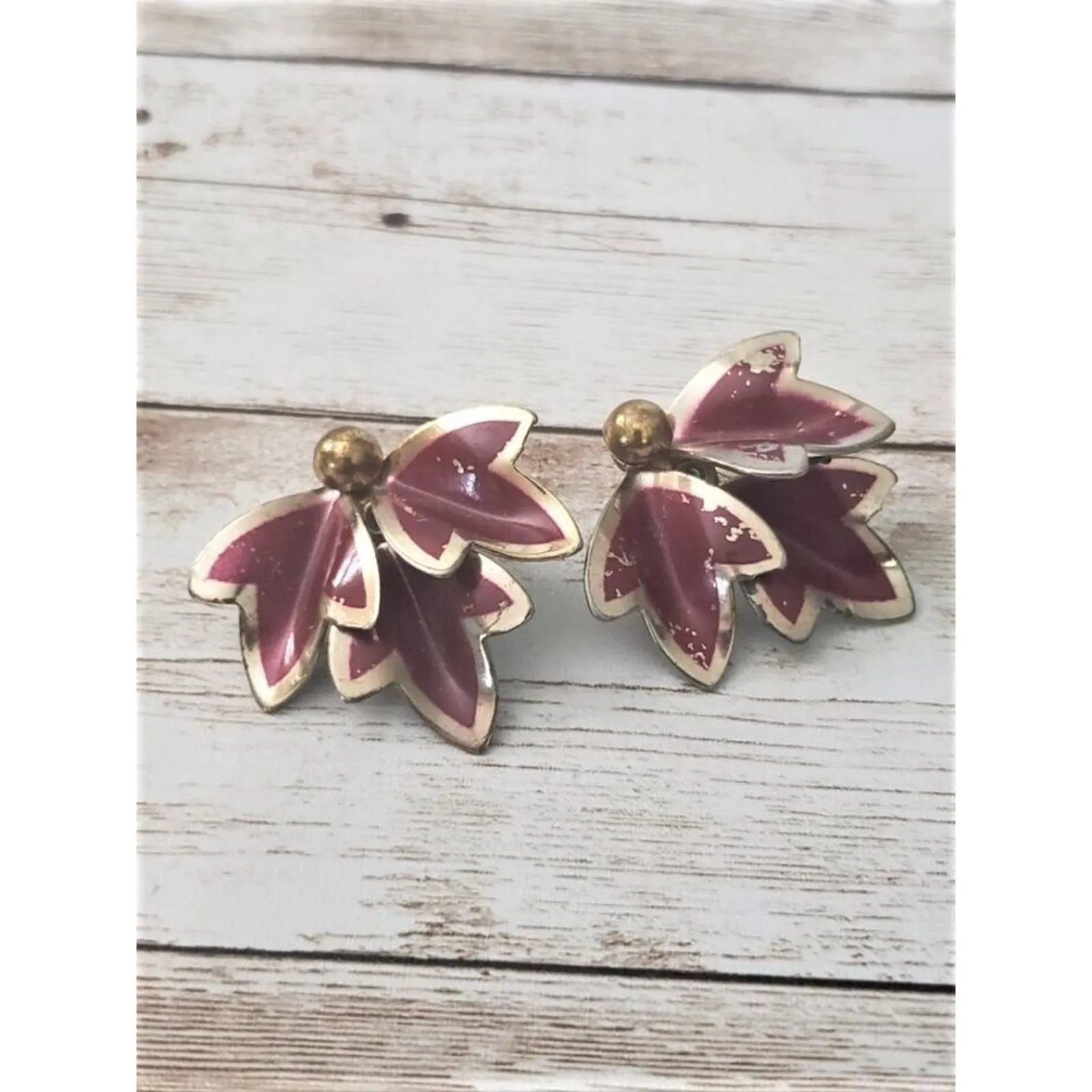 Vintage Clip On Earrings Large Burgundy & Gold Tone Leaves Statement - Image 2