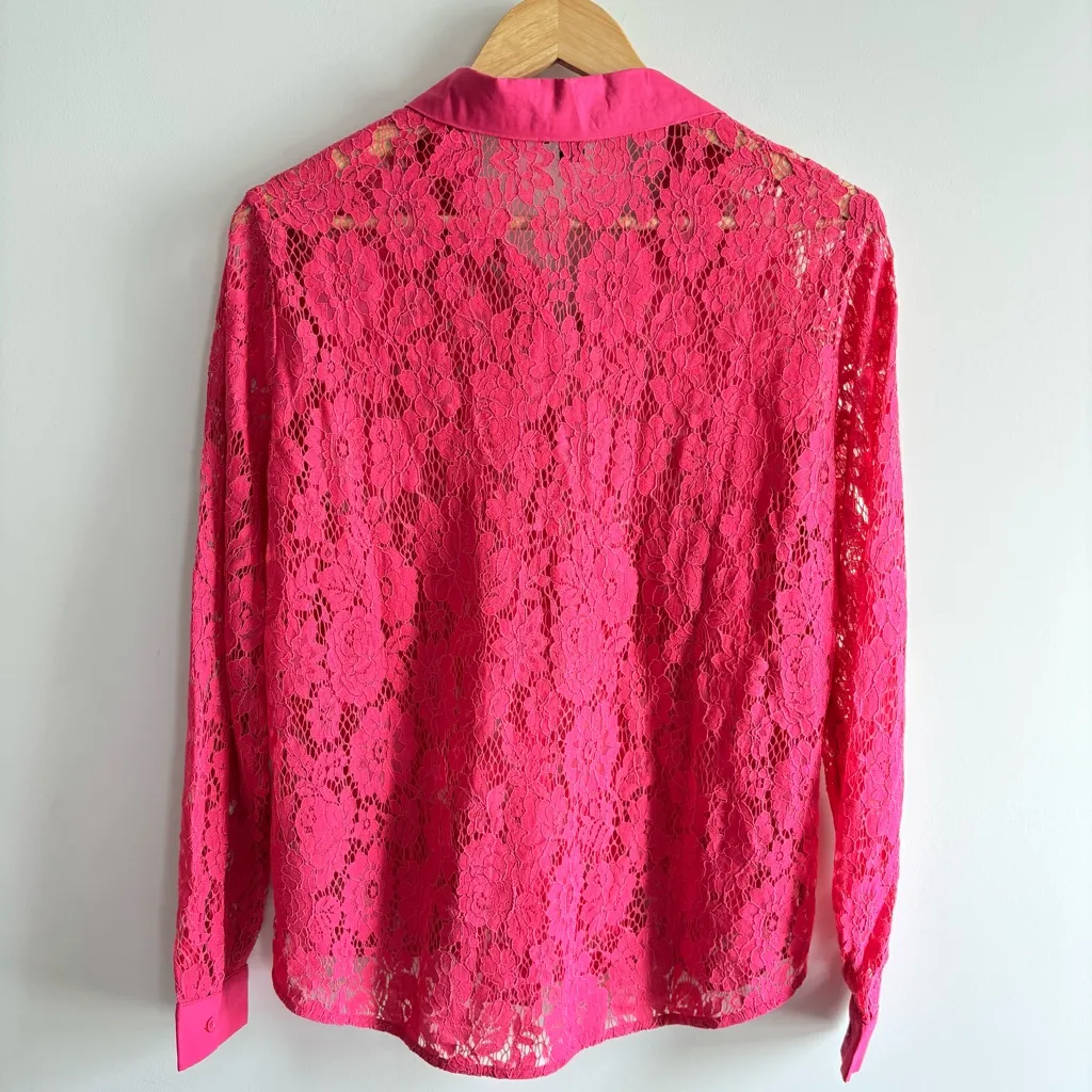 Saks Fifth Avenue Womens Pink Lace Sheer size L Long Sleeve Button Floral Mesh - Image 8