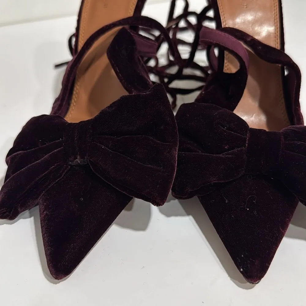 ASOS DESIGN Peony tie leg bow high heeled shoes in burgundy EUC - Image 3