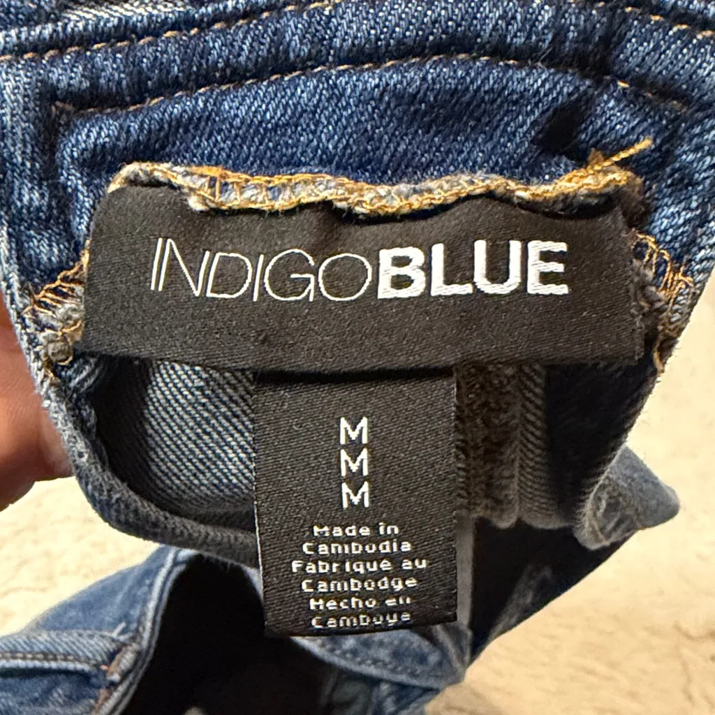 Indigo Blue- Maternity Side Panels Distressed Straight Skinny Leg Overalls- M - Image 3