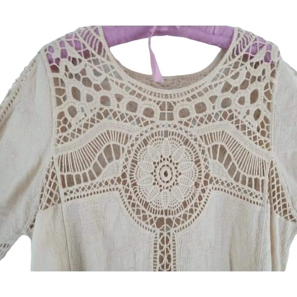 NATURAL UNIQUE CROCHET DESIGN TUNIC size Large Tan - Image 6