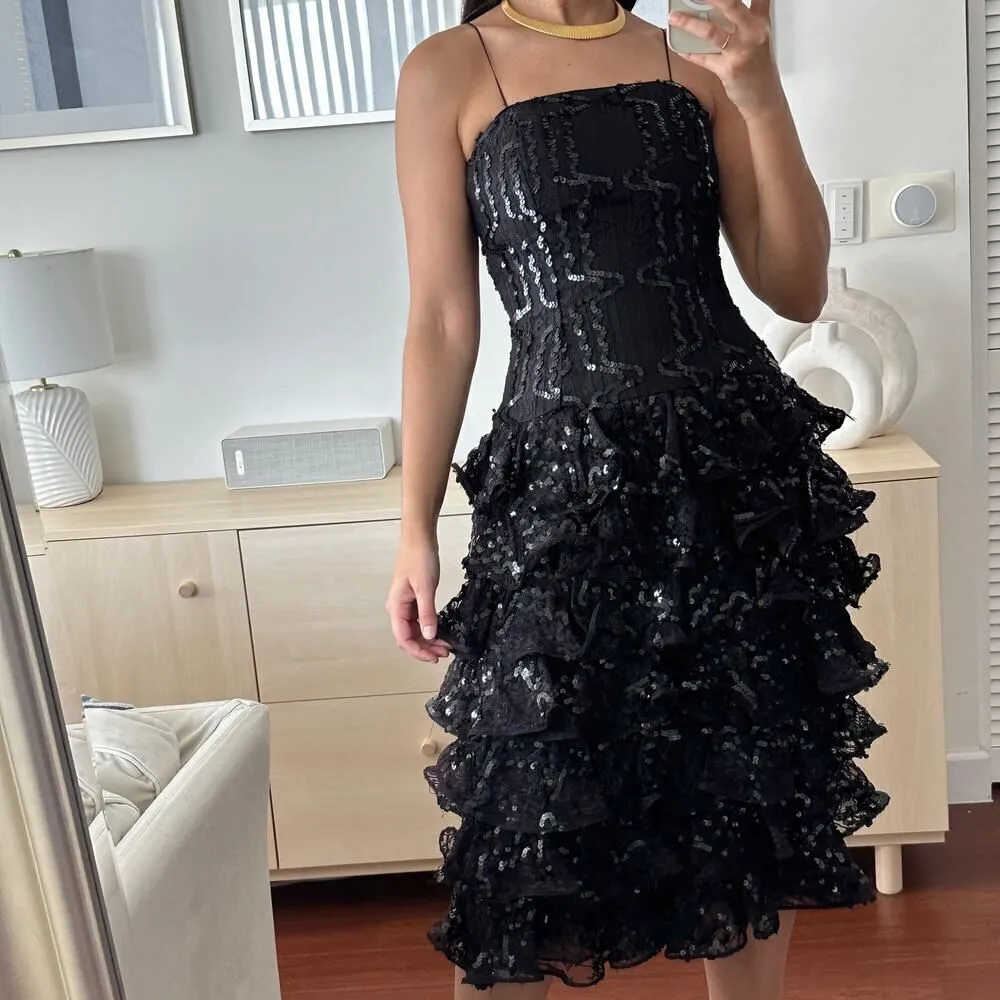 Vintage Lillie Rubin Corset Dress Womens 80s Black Sequin Tiered Cocktail Ruffle Black Size 2 - Image 11