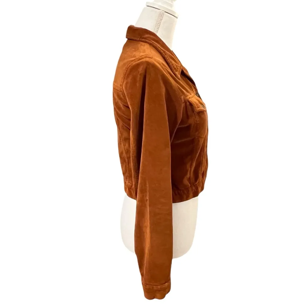Free People Burnt Orange Button Down Velvet Long Sleeve Cropped Jacket - Image 3