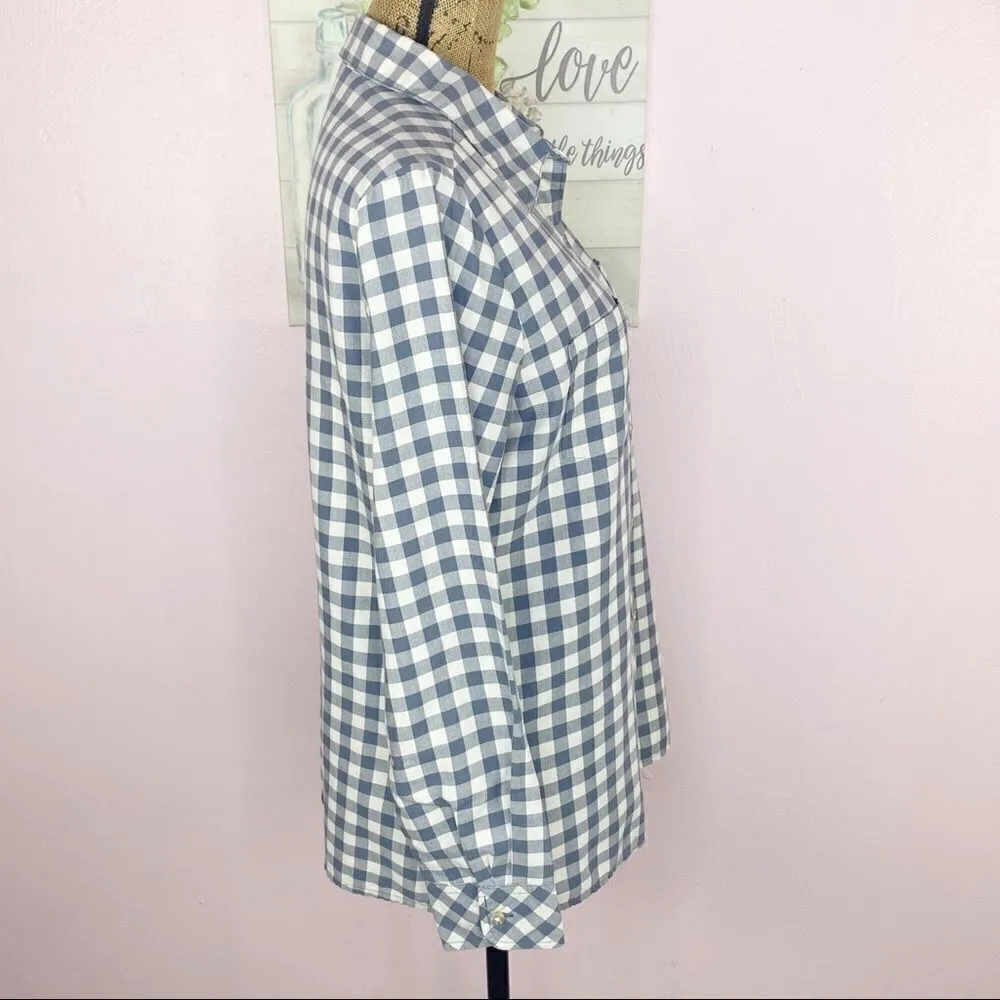 Chic Comfort Gingham Plaid Button Down Shirt Blue Ivory Small Long Sleeve - Image 3