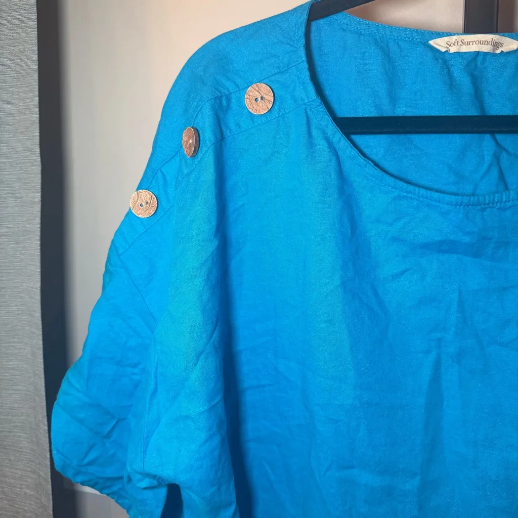 Soft Surroundings Andrea Linen Blend Pullover Short‎ Sleeve Blouse Blue Size 1X - Image 3