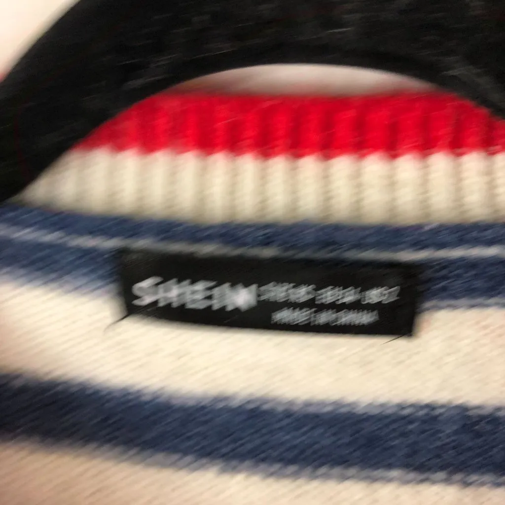 Shein Womens Blue White Striped Sweater Red Trim Crew Neck Long Sleeves XS - Image 3