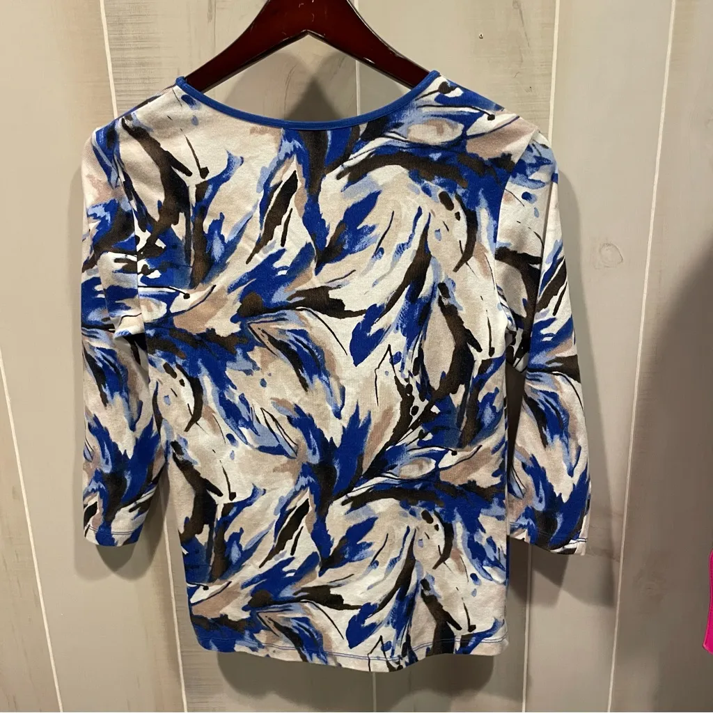 Cute creamy cotton baby rib top blue ribbon trim JM Collection watercolor splash - Image 7