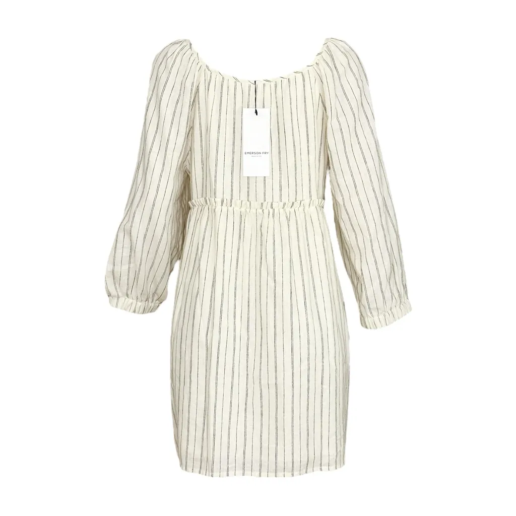 EMERSON FRY Jasmine Button Down Dress, Ivory Hemp Stripe Organic, Large Blue - Image 7