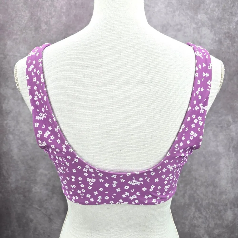 Purple White Floral Tie Front Padded Bikini Top Swimwear Medium - Image 4