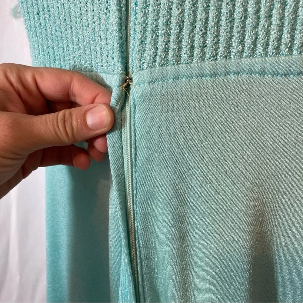 Vintage 60s / 70s Elegant Empire Waist Crochet Knit Short Sleeve Maxi Dress Blue Size 6 - Image 11