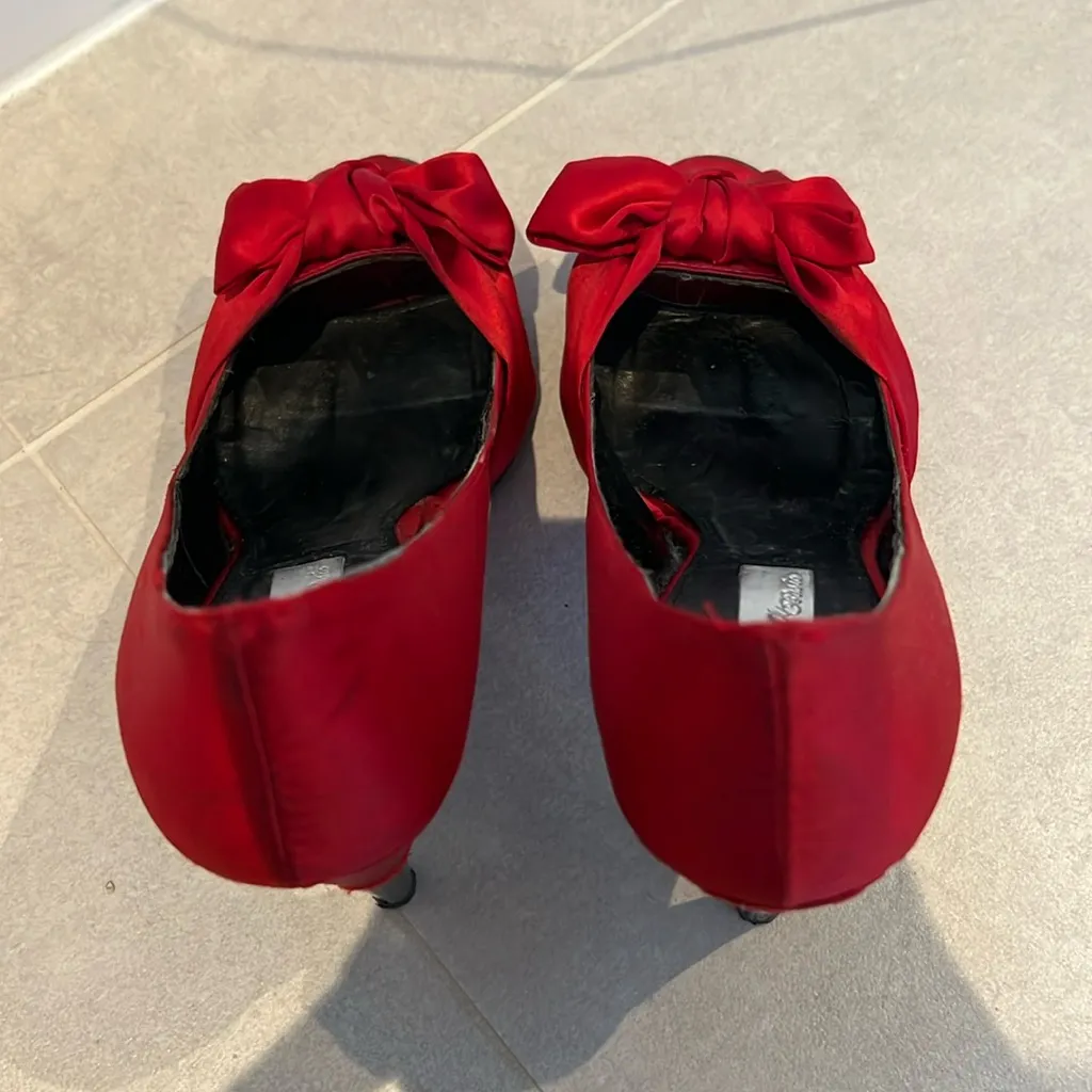 Zara Women size 36 Red open toe bow heels shoes satin type of fabric elegant - Image 5