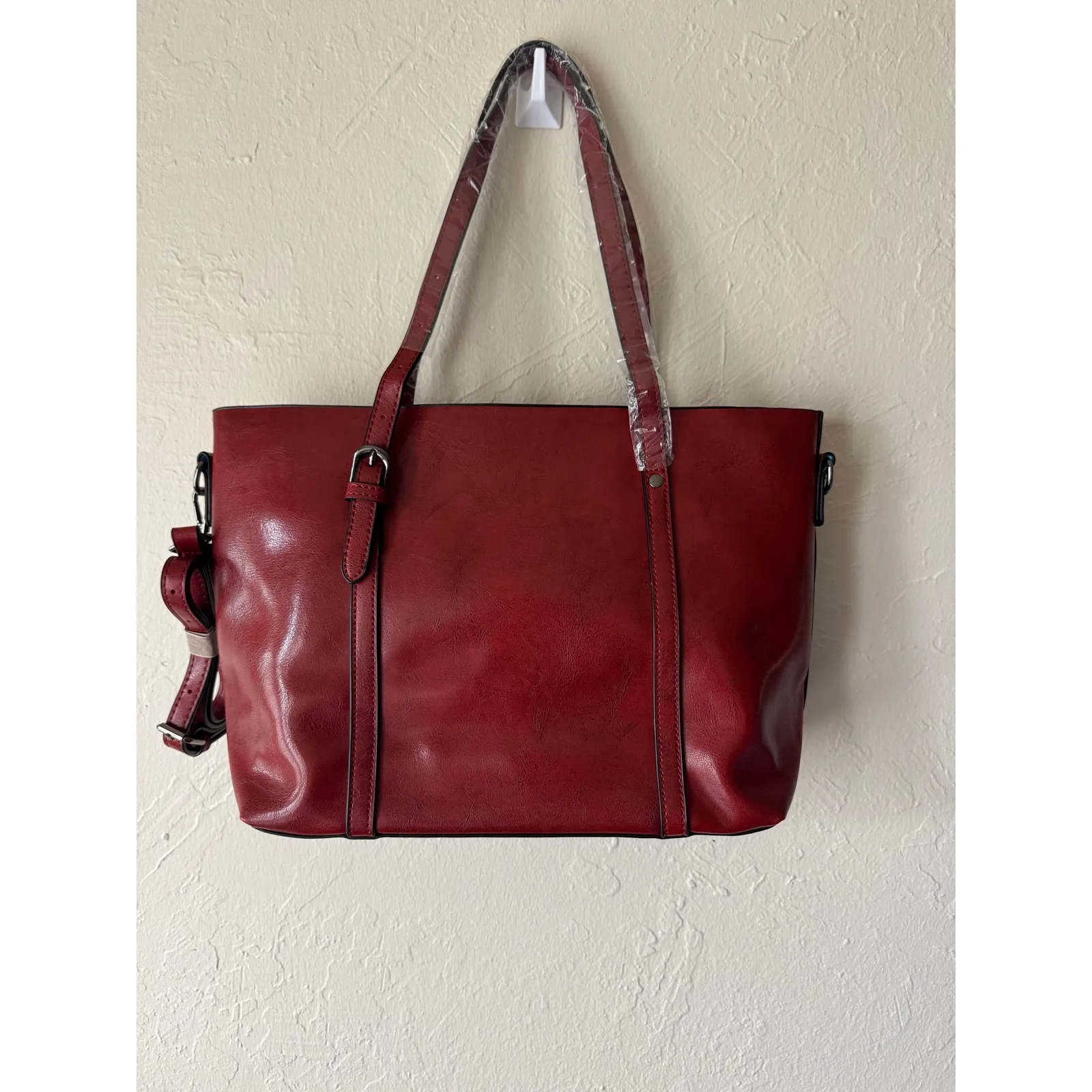 NWOT Elegant Faux Leather Tote with Removable Long Strap in Burgundy Red - Image 6