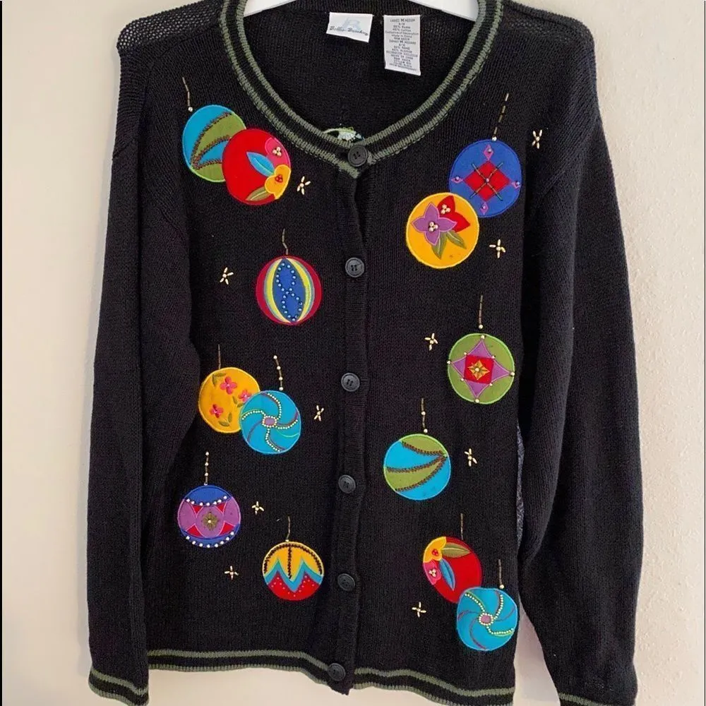 Vintage Bobbie Brooks‎ Christmas Ornament Cardigan Sweater Black Size M - Image 7
