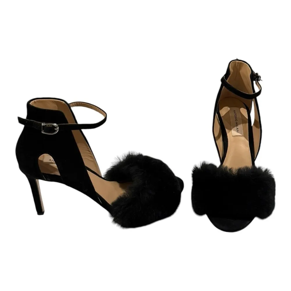 ANTONIO MELANI Kayleigh Rabbit Fur Open Toe Ankle Strap Heels Black Size 9 - Image 6