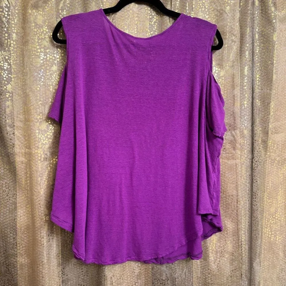 Free People We The Free Purple Rayon Linen Blend Cold Shoulder T Shirt Large - Image 2