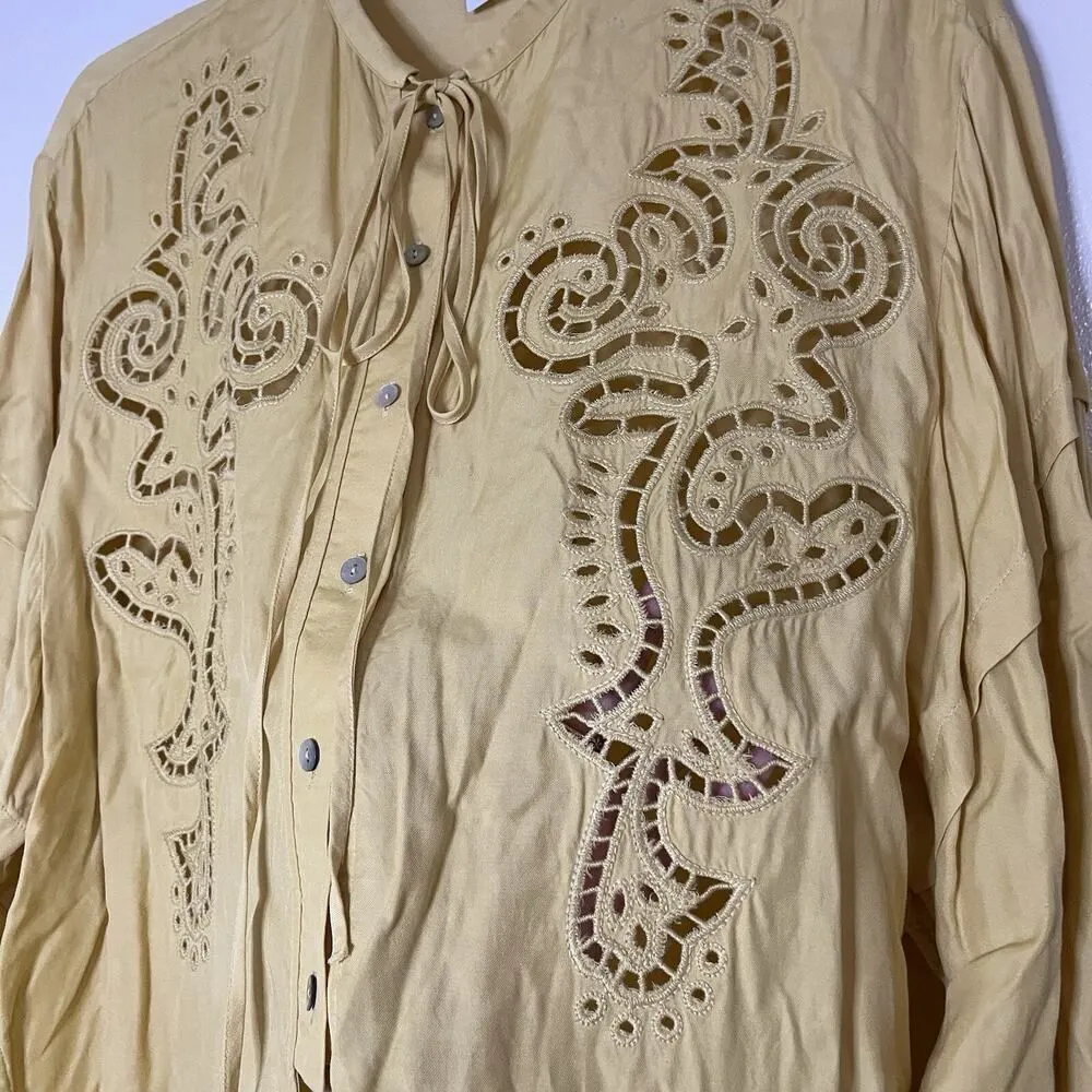 Capsule & OTHER STORIES Embroidered Cotton Blend yellow tie waist blouse US 4 - Image 3