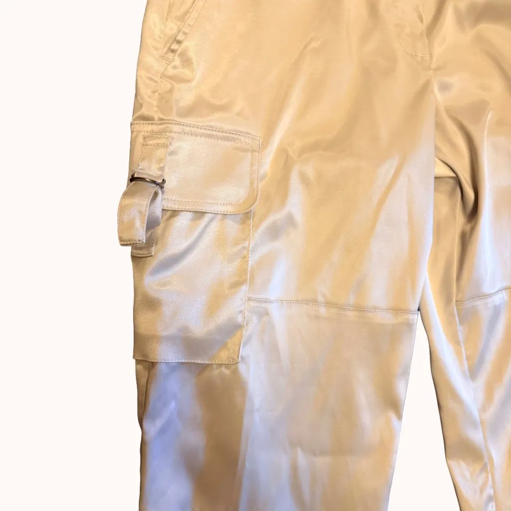 IDG Silver Metallic Cargo Pants Size 6P Y2K 2000s Gray Satin Drawstring Petite - Image 2