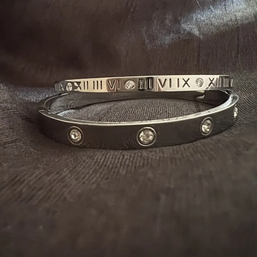 White Gold Roman Numeral Bangle Bracelet Cubic Zirconia Stackable womens jewelry Silver - Image 8