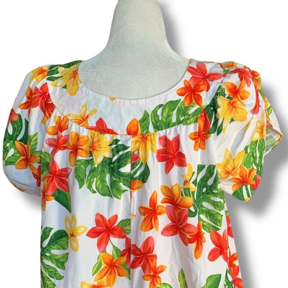 Vintage Puanani Made In Hawaii Orange Yellow Floral Muumuu Midi Dress Medium White - Image 7