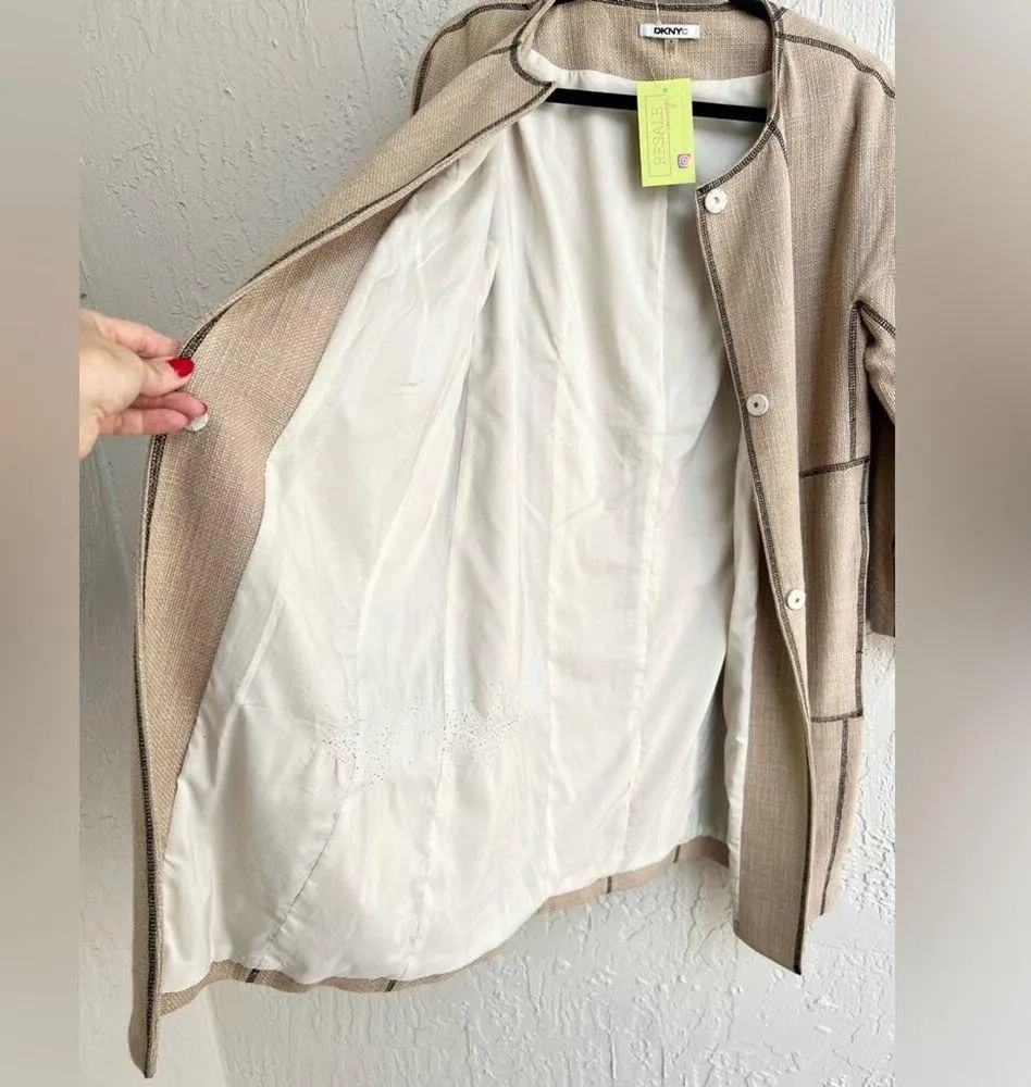 DKNY midi coat long blazer duster lightweight beige tan size medium women - Image 10