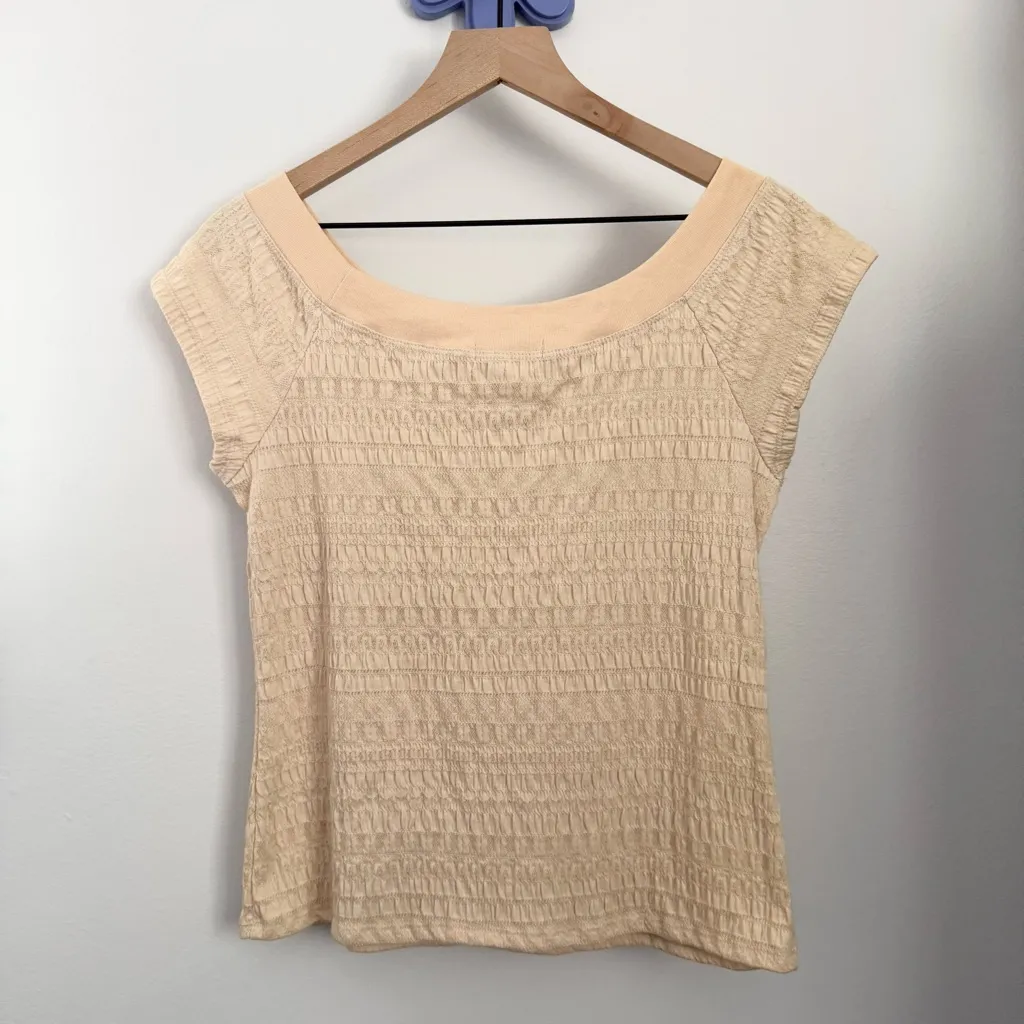 90s Y2K XL Boat Neckline Textured Top Light Peach Cottage Preppy Classy Fitted Orange - Image 3