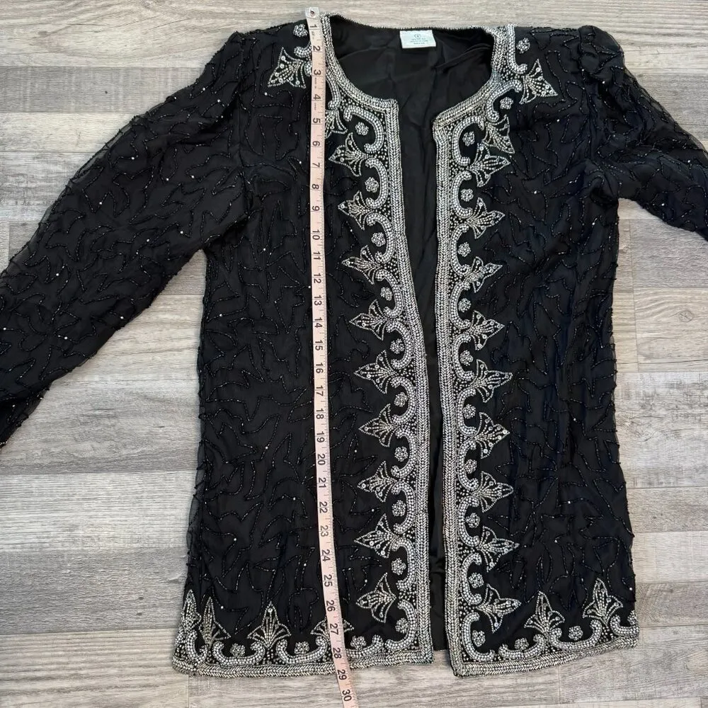 Black 100% silk beaded formal jacket silver beading lined size small K11 - Image 6