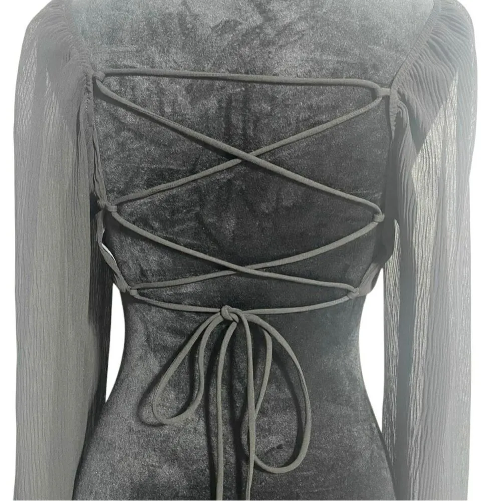 White Fox Size Small  Top Blouse Long Sleeve Black Back Tie Open Sexy - Image 6