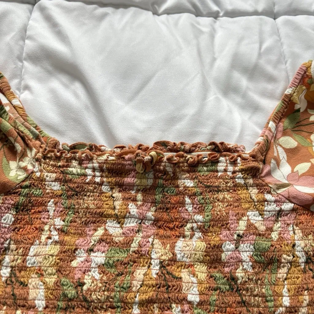 Aerie Smocked Orange Floral Square Neck Puff Sleeve Cropped Top Blouse Womens S - Image 4