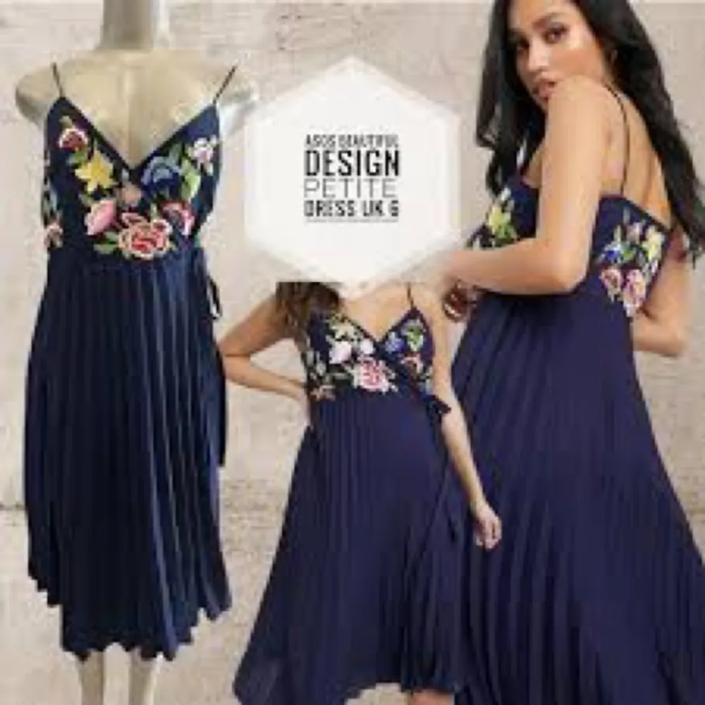 NWOT ASOS Navy Blue Floral Embroidered Pleated Wrap Dress Size 4P - Image 12