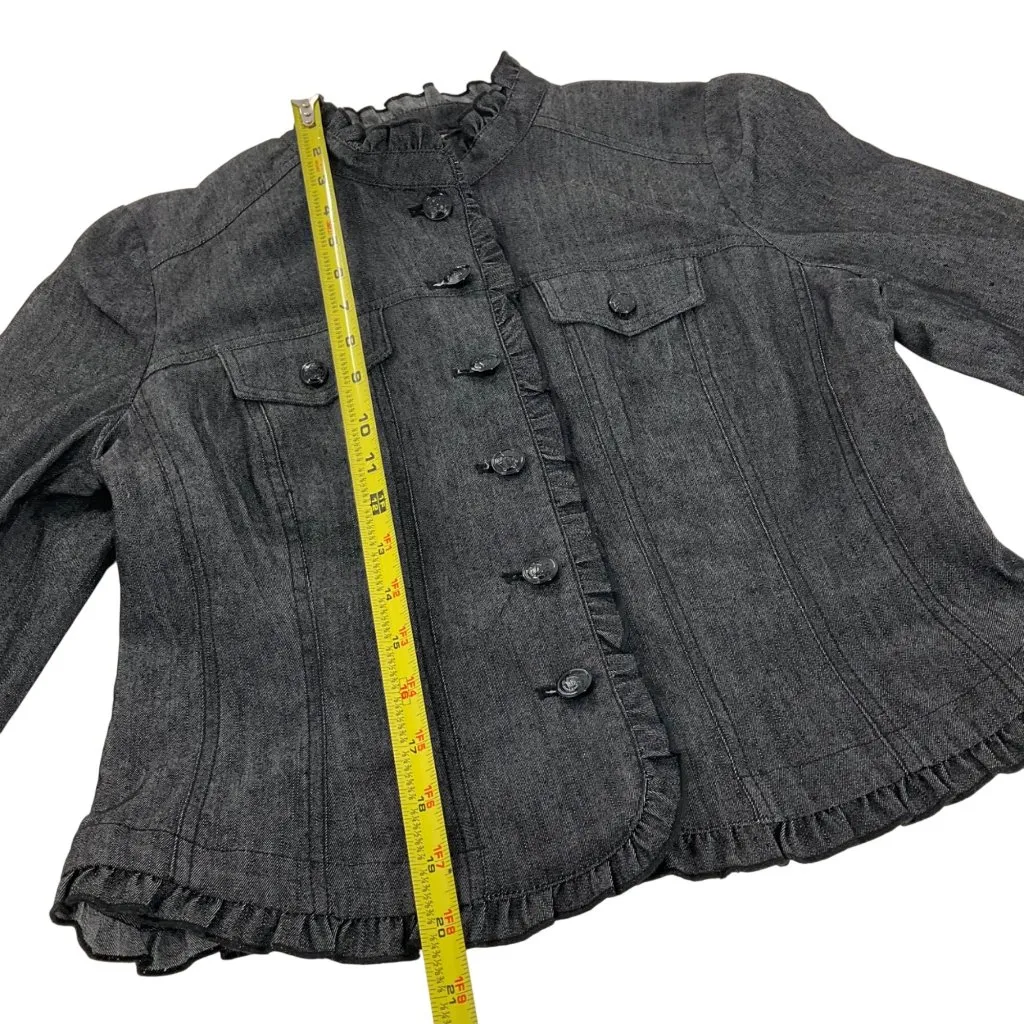 Sandro Petite Womens Black Denim Ruffle Trim Button-Front Jacket blazer PM - Image 4