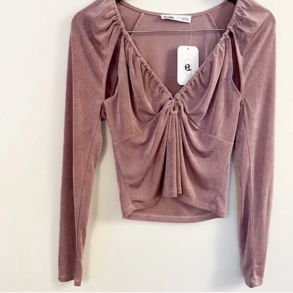 Elodie Mauve Pink Metallic Long Sleeve Cut out Blouse V-Neck Keyhole XL New - Image 6