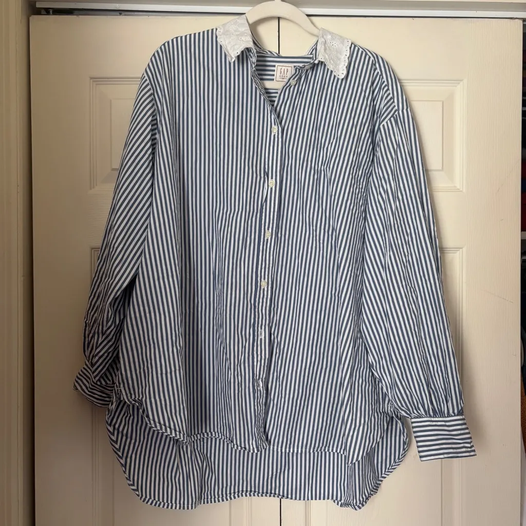 GAP X Doen Organic Cotton Eyelet Big Shirt Oversized Striped | Size XL White - Image 3