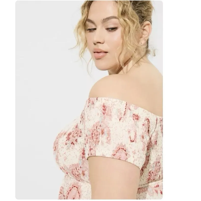 Torrid Ivory Pink Paisley Maxi Ruffle Challis Off Shoulder Tulip Hem‎ Dress 2X - Image 2
