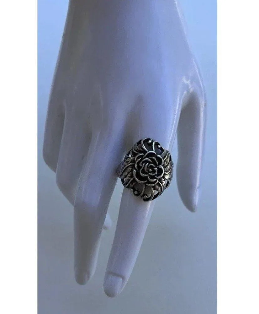 Vintaghe 925 Sterling Silver Carved Rose Flower Ring size 10 Signed Stamped - Image 11