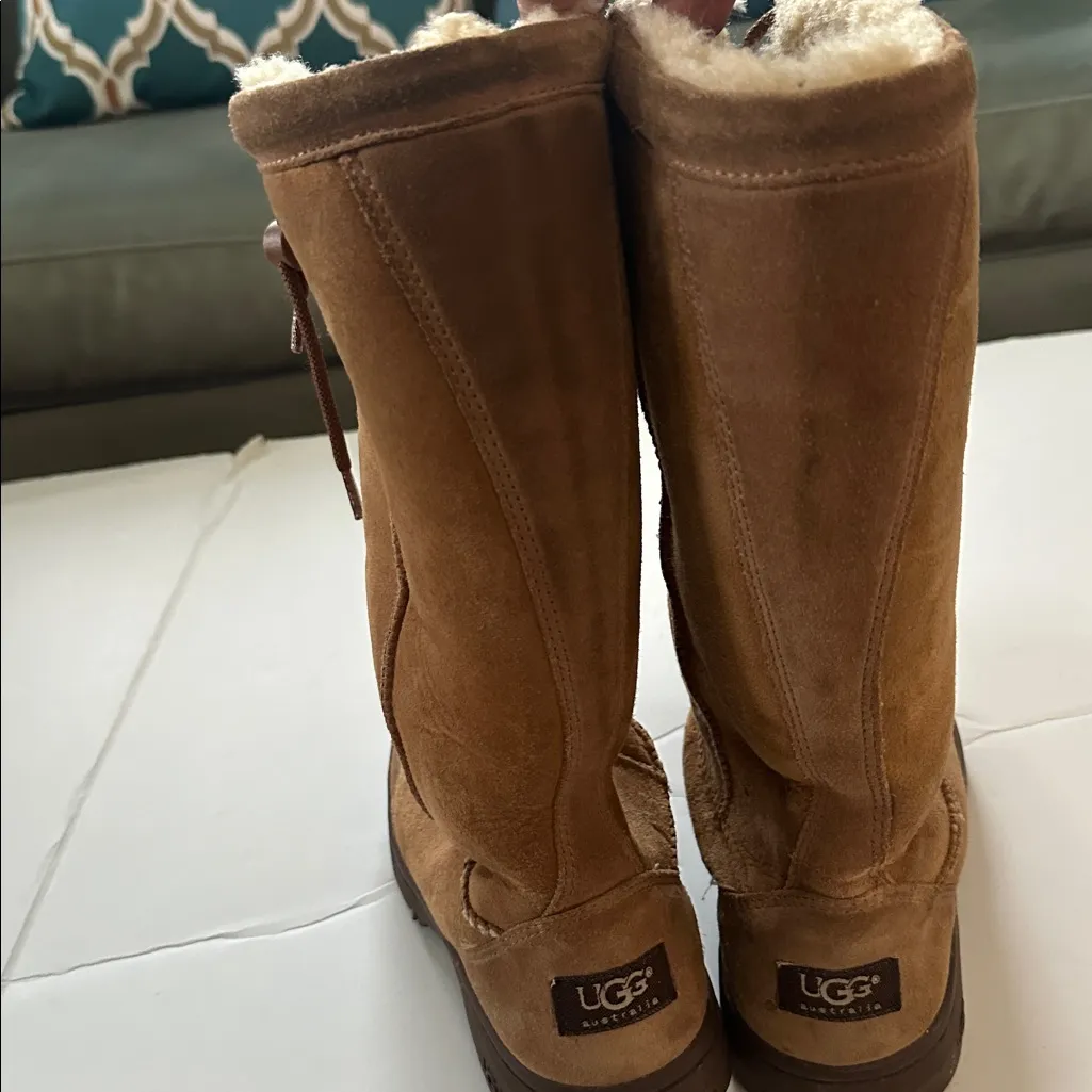 UGG Tall Sherpa Suede Tan Boots 8 Vintage Sheepskin - Image 3