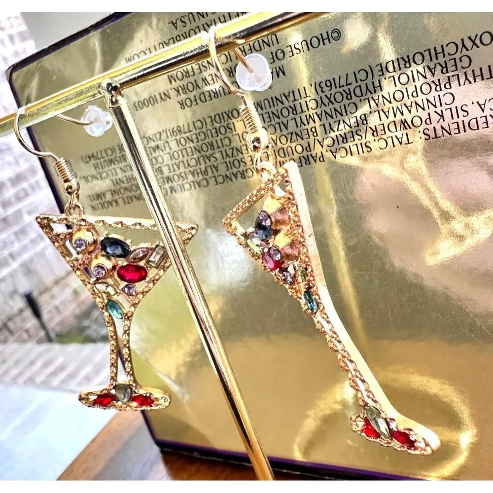 Cocktail Drink Earrings Martini Rhinestones Cruise Beach Island Vacation New Gold - Image 8