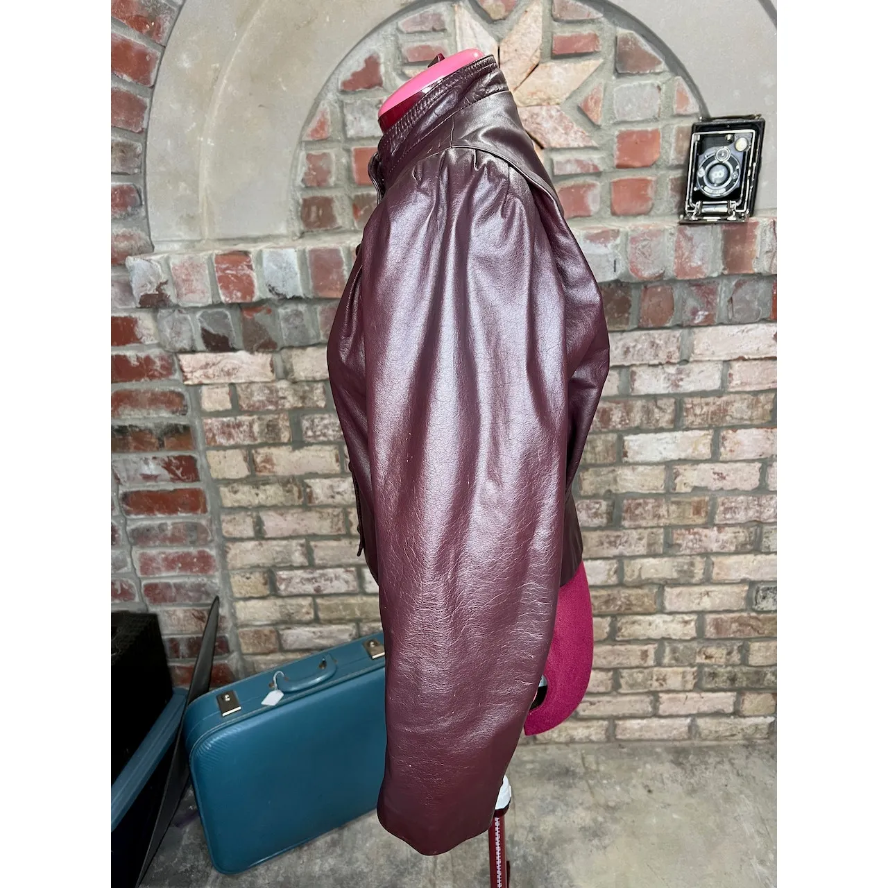 leather Jacket OXBLOOD red burgundy wine cropped puff sleeves - Image 7